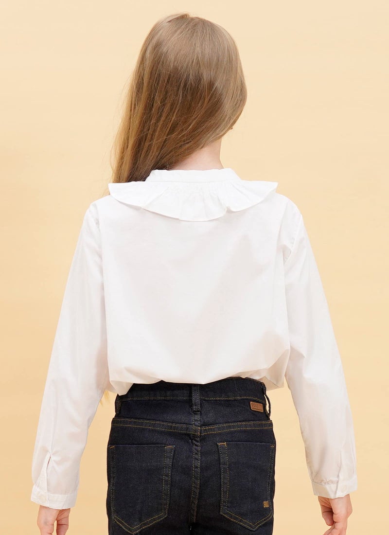 SOLOCOTE Girls White Blouse Ruffle Long Sleeve Button Down Shirts Princess Cotton Loose Soft Tops Spring and Summer, SLN9011 11-12 White - Image 2